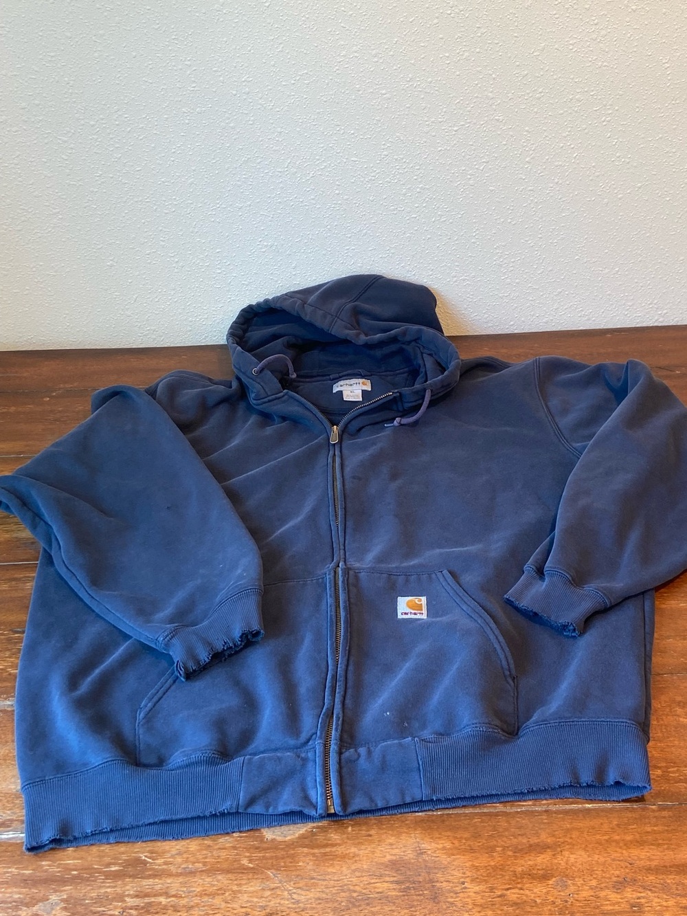 Mens XL Navy Carhartt Zip-Up Hooded Jacket Hoodie VTG(?) Tattered Weathered